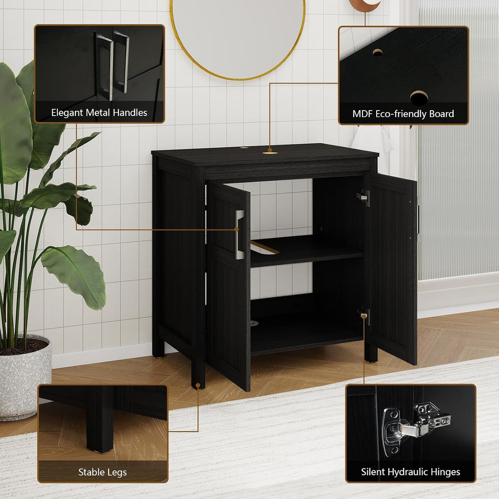 YOURLITE 30 Inches Traditional Bathroom Vanity Set with Single Faucet Hole, Clear Boat Glass Sink, Black Finish, 2-Door Cabinet