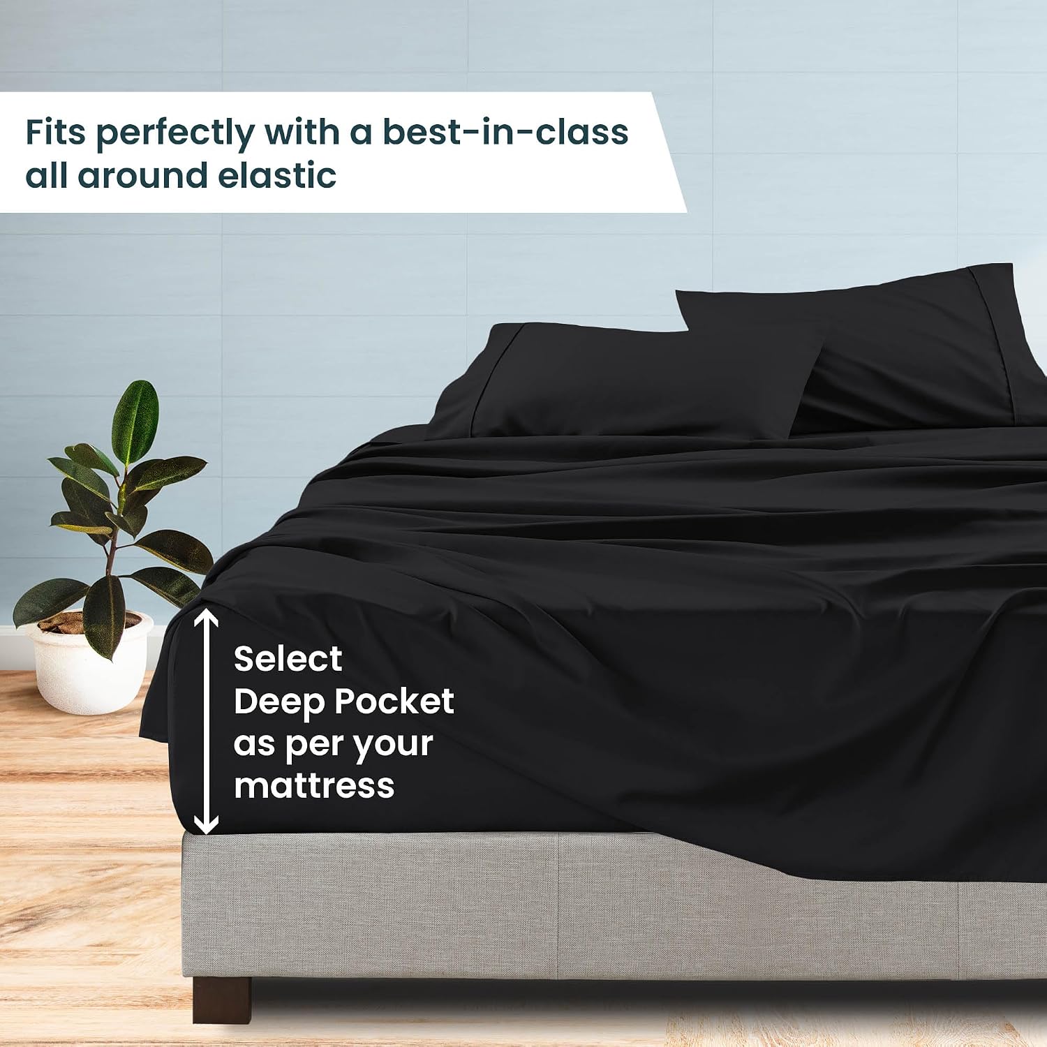 1000 Series- Extra Long Staple 100% Egyptian Cotton Sheet Set,Sateen Weave, Hotel Quality Soft Luxury Bedding, Queen Size 4 Piece Sheet Set Fit 15' Inch to 18' Deep Black Solid.
