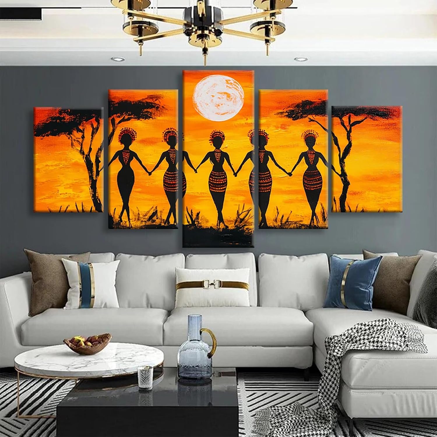 Africa Diamond Art 5 Piece Diamond Painting Woman 5D DIY Full Round Drill Dimond Art Paintings Rhinestones Crafts for Adults Gem Painting for Home Decor, Large Artwork for Wall 60 x 120 Inch, Model399