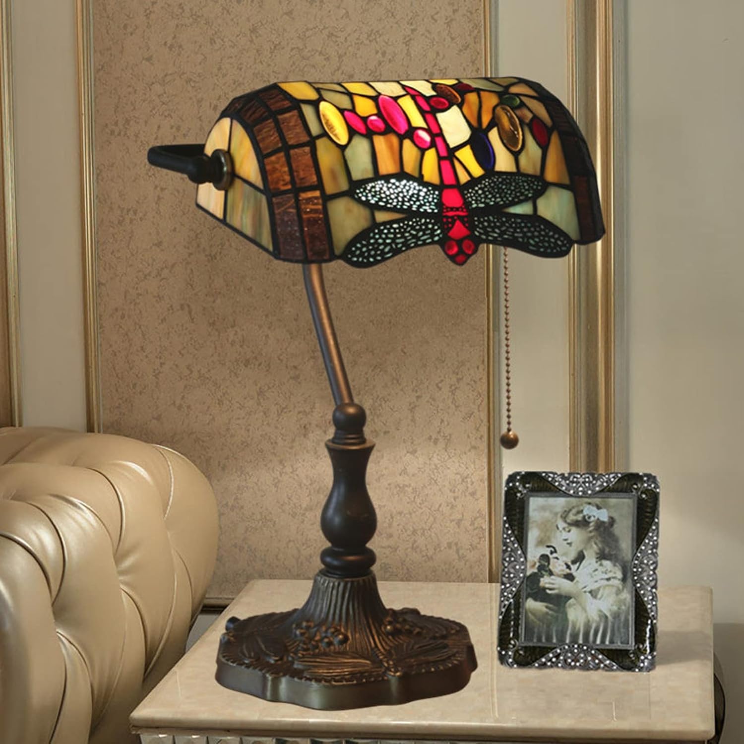 Tiffany Style Bankers Table Lamp Stained Glass Piano Desk Lamp Vintage Bedroom Bedside Lamp for Study,Antique Alloy Base,Zipper Switch,Dragonfly a