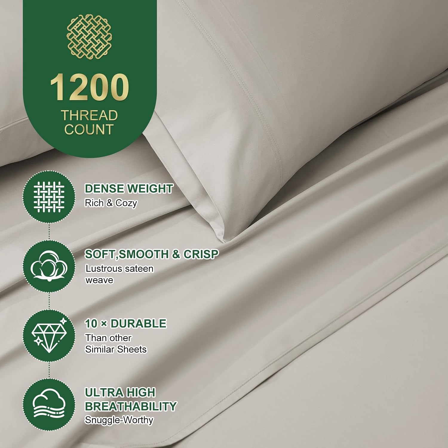 Ivellow 100% Egyptian Cotton Sheets Queen Size Set - 1200 Thread Count 6 PC 18' Deep Pocket Queen Size Bed Sheet Set，Luxury Soft Breathable Beige Cooling Sheet Sets Durable Hotel Quality Bedding