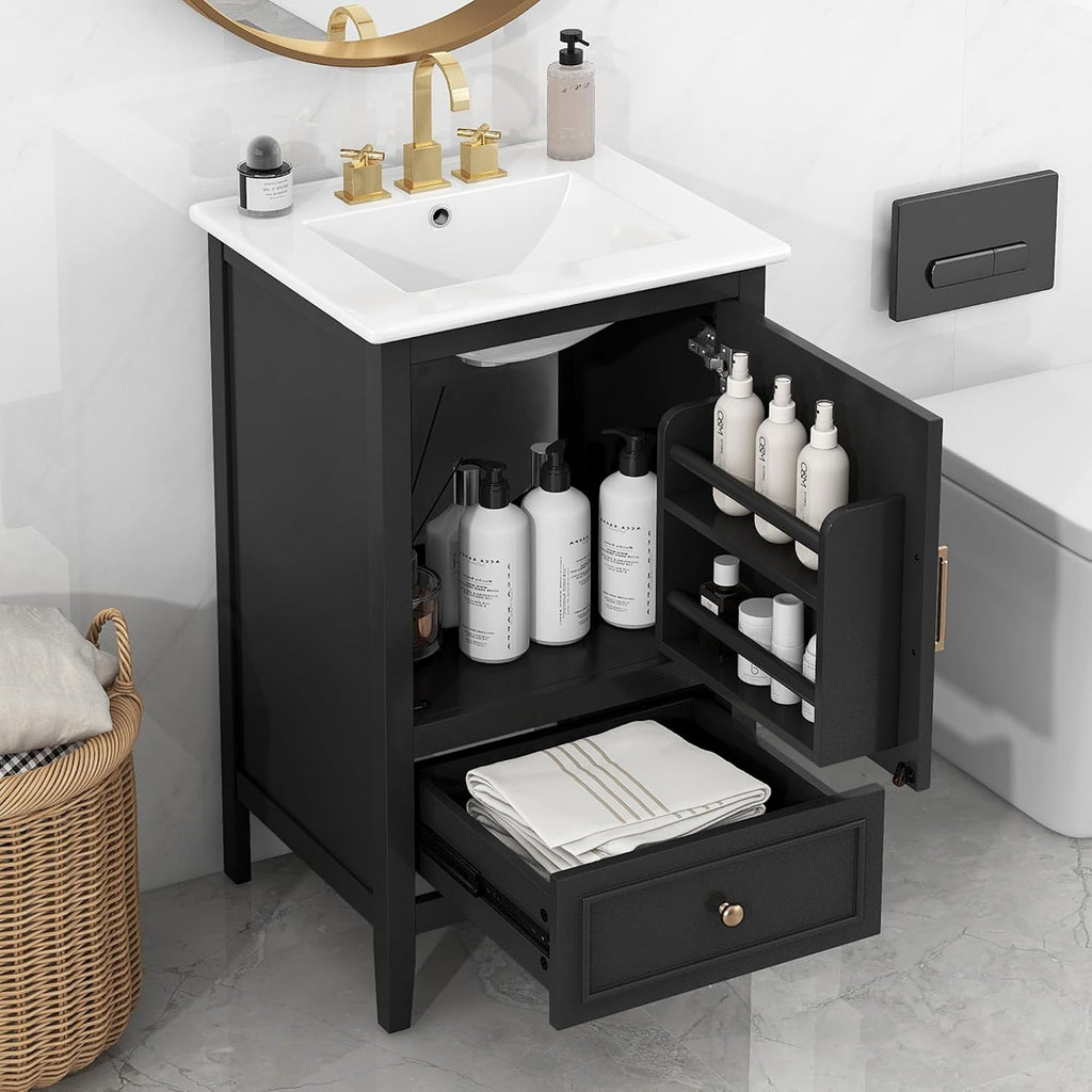 Favfurish 20' Bathroom Vanity with Sink,Water-Resistant Wood One Cabinet Vanities w/Door Shelf Storage and Adiustable Foot Pads,A Drawer,Multi-Functional Storger Space,Black