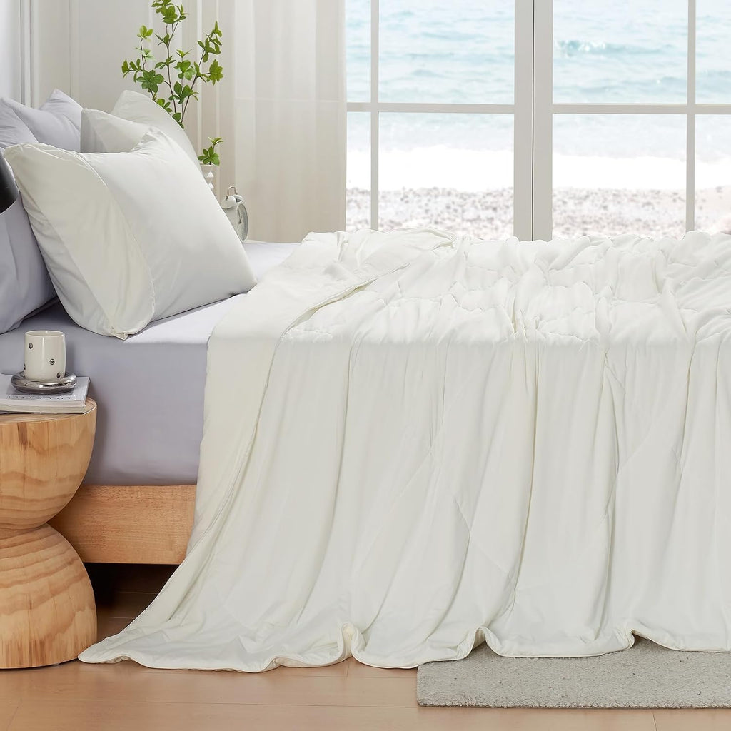 Cozy Bliss Cooling Comforter California King Size, Oversized Cooling Blanket for Hot Sleepers and Night Sweats, Cream Summer Comforter for Cal King Bed, Breathable Soft Lightweight Silk Smooth