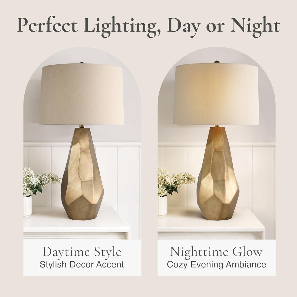 Abani Table Lamp Lia Faceted 31.5' – Modern Glam Gold Resin Base with Wheat Linen Shade – E26 Bulb Included – Elegant Desk Lamp for Bedroom, Living Room Lamp, Dorm or Nightstand