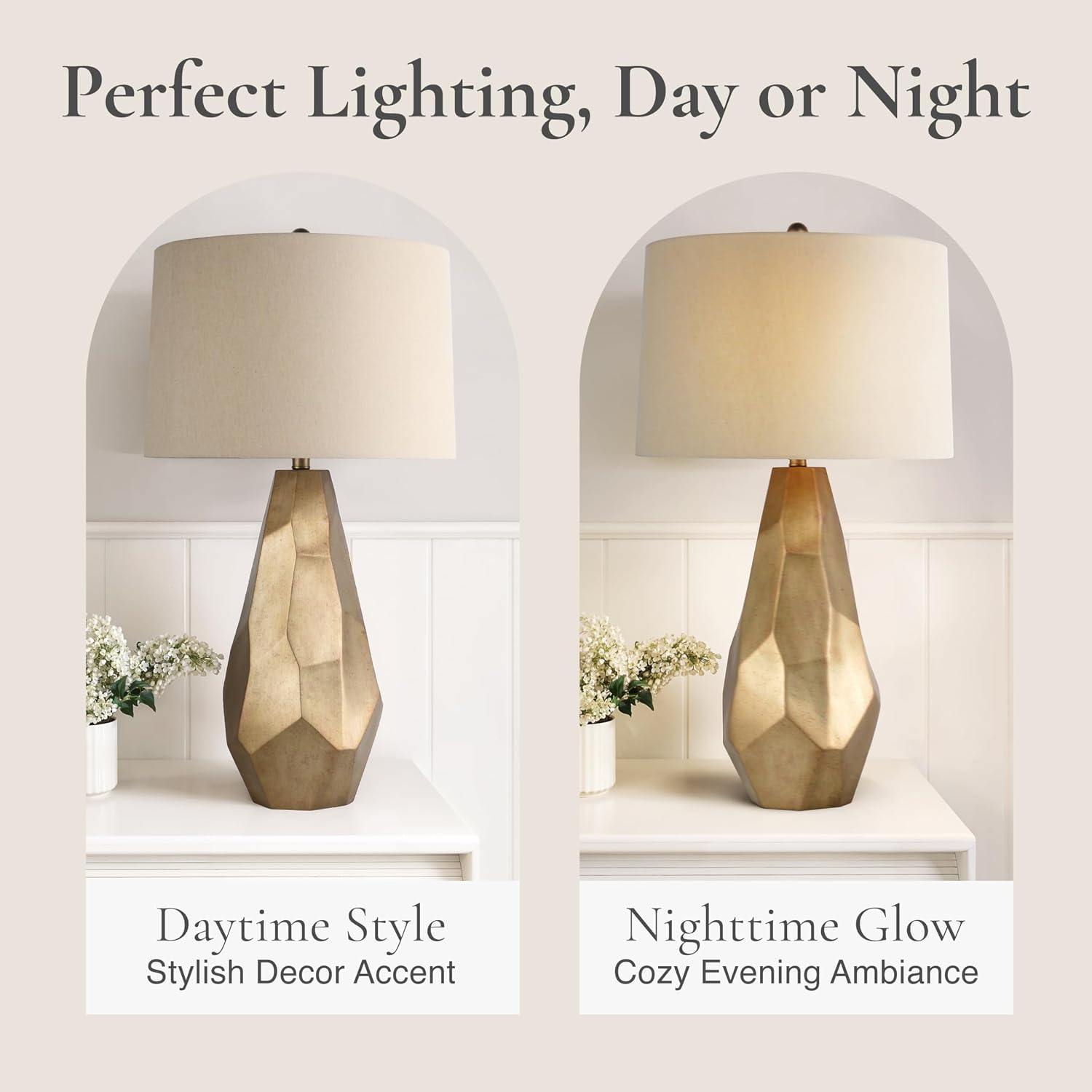 Abani Table Lamp Lia Faceted 31.5' – Modern Glam Gold Resin Base with Wheat Linen Shade – E26 Bulb Included – Elegant Desk Lamp for Bedroom, Living Room Lamp, Dorm or Nightstand