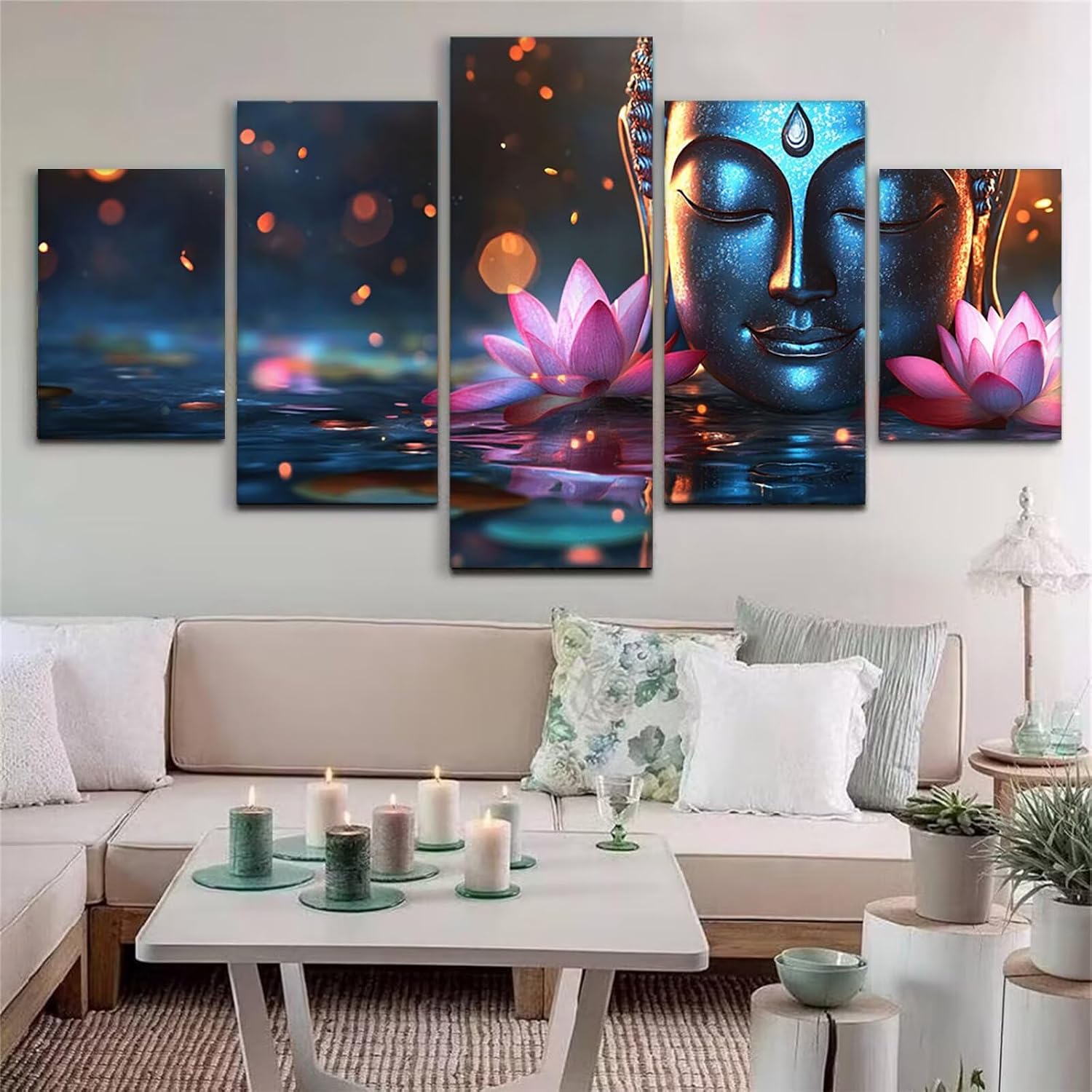 Lotus Diamond Art 5 Piece Diamond Painting Zen 5D DIY Full Square Drill Dimond Art Paintings Rhinestones Crafts for Adults Gem Painting for Home Decor, Large Artwork for Wall 48 x 100 Inch, Model396