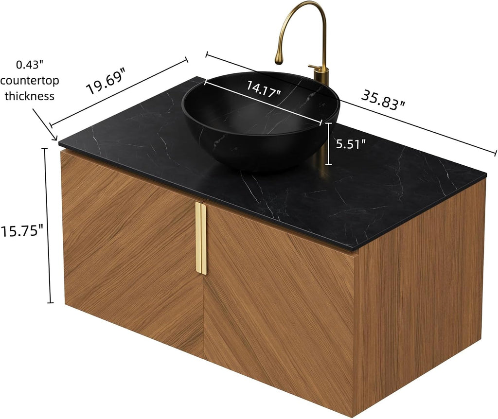 30' Floating Bathroom Vanity with Sink Combo, Modern Vanity with Vessel Sink, Wall-Mounted Plywood Bathroom Vanity Cabinet with Doors, Black Countertop and Round Basin,Brown Oak