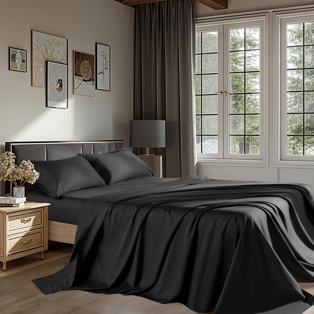 100% Egyptian Cotton Sheets King Size 4 Pcs Sheet Sets 1200 Thread Count 16' Deep Pocket Fitted Sheet Soft Breathable Bedding Set (King, Black)