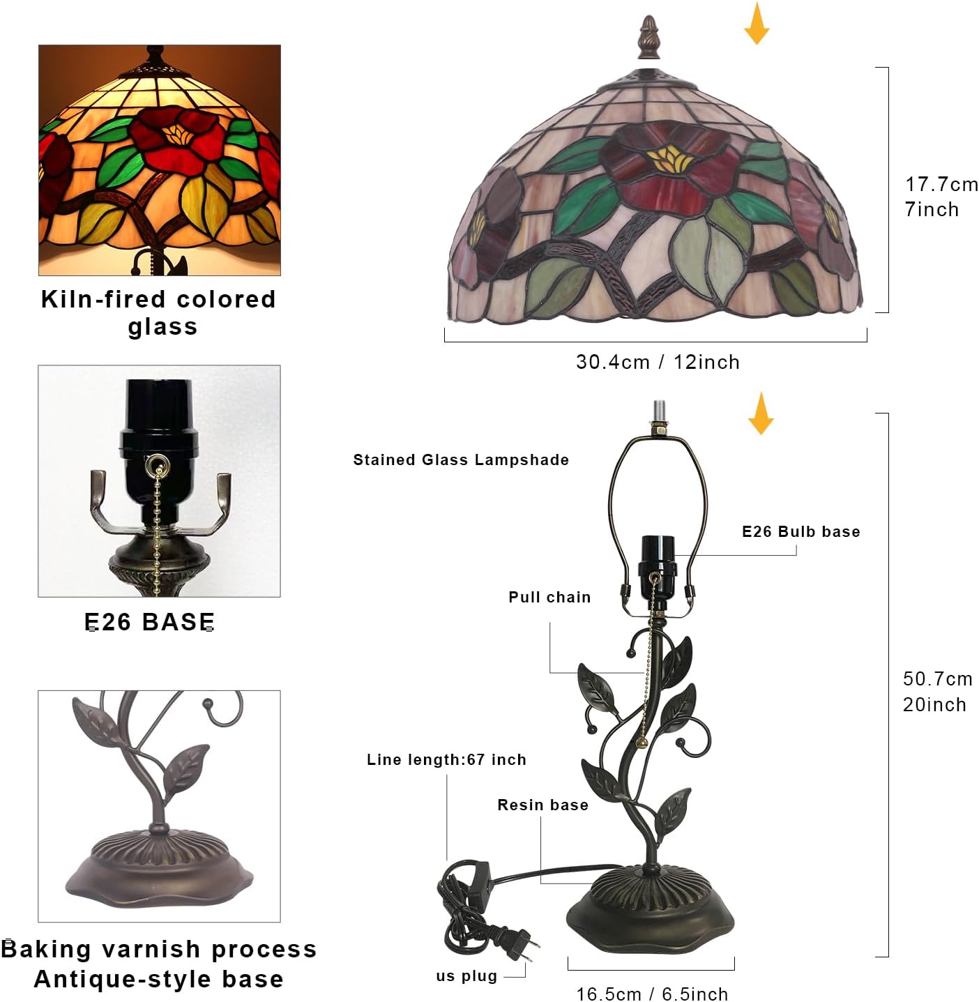 Tiffany Table Lamp, Stained Glass Crabapple Flower Design, with Metal Leaf Base, 12x12x19 Inch for Bedroom, Living Room, Home, Office