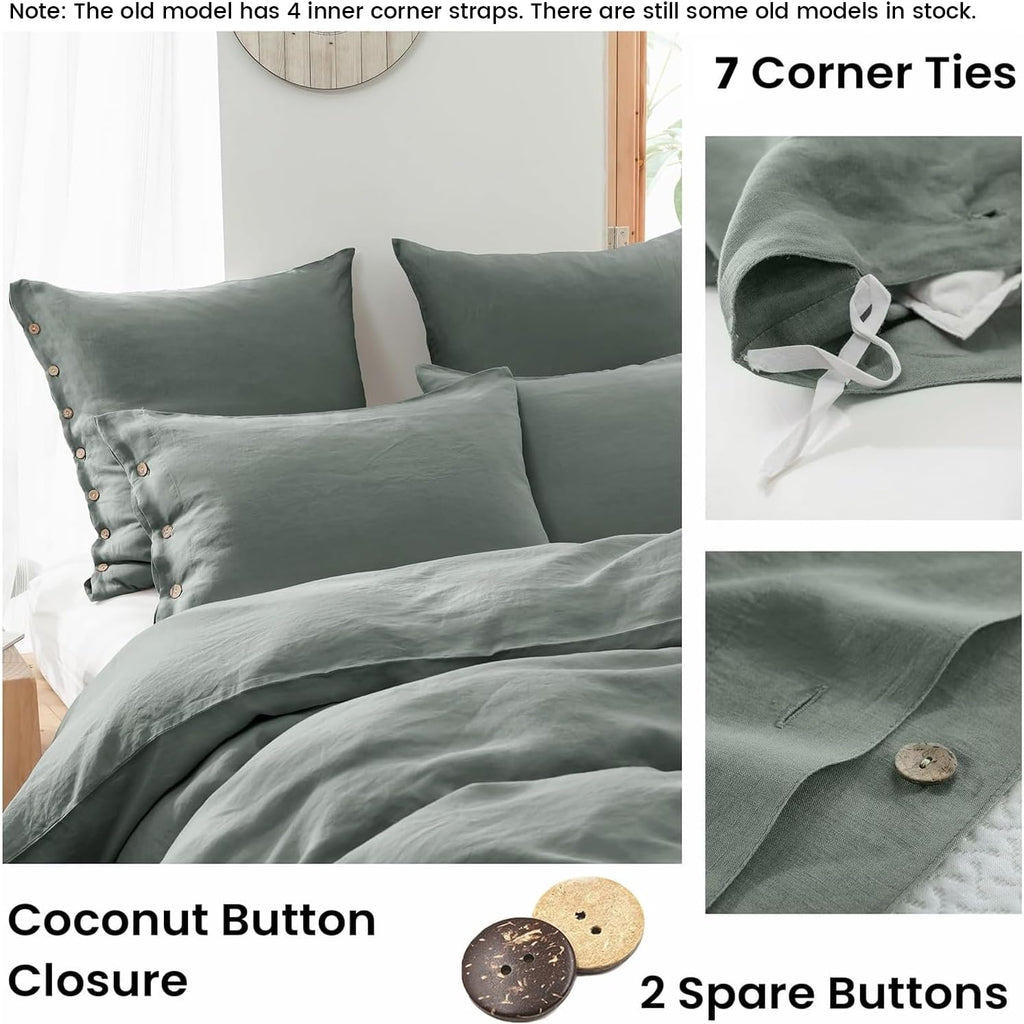 Simple&Opulence 100% Linen Duvet Cover Set 3pcs with Coconut Button Closure Natural French Washed Flax Solid Color Soft Breathable Farmhouse Bedding - Cushing Green, Queen Size