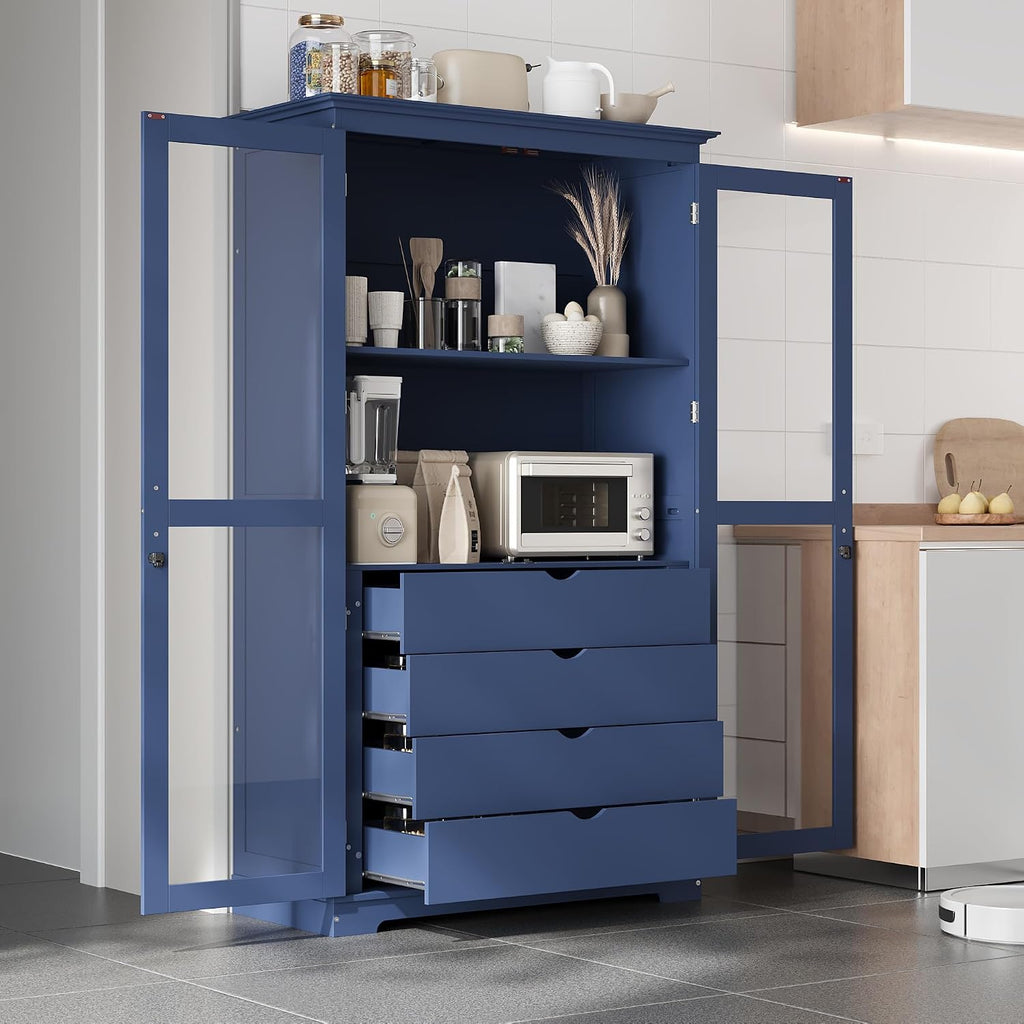 Modern 75inch Kitchen Pantry, Freestanding Kitchen Storage Cabinet Display Cabinet with Glass Doors and 4 Built-in Drawers for Living Room, Home Office (Blue-30r)