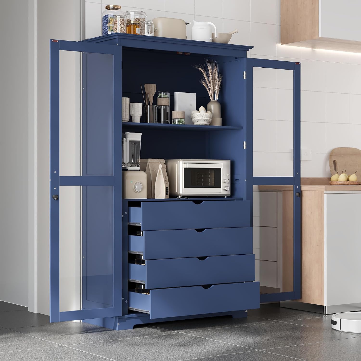 Modern 75inch Kitchen Pantry, Freestanding Kitchen Storage Cabinet Display Cabinet with Glass Doors and 4 Built-in Drawers for Living Room, Home Office (Blue-30r)