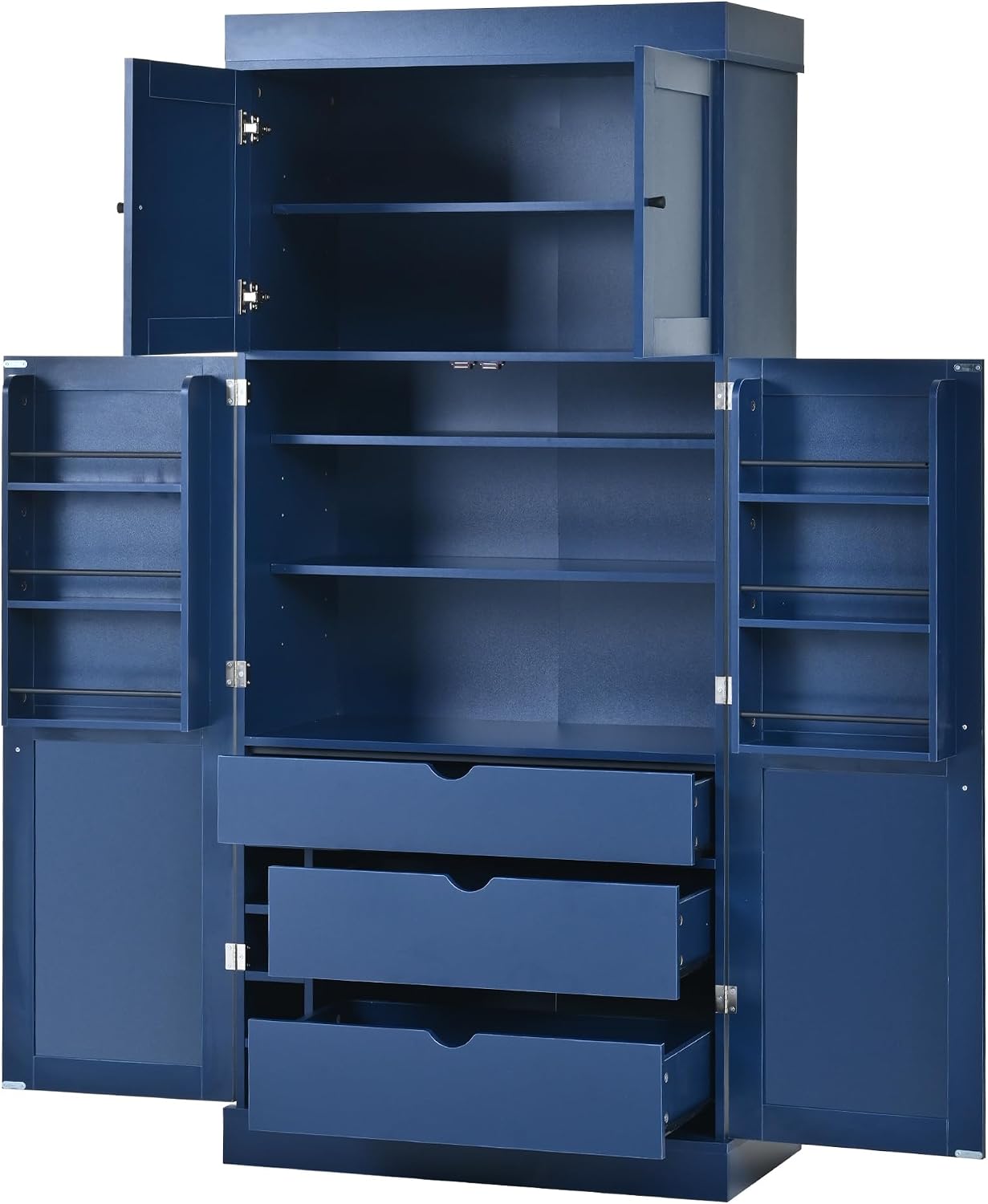 77'' Tall Freestanding Kitchen Pantry, 35''Lx17.7''W Wooden Kitchen Organizers Cupboard Storage Cabinet with Adjustable Shelves, Door Shelves, Drawers and Wine Racks (Blue-2.12)