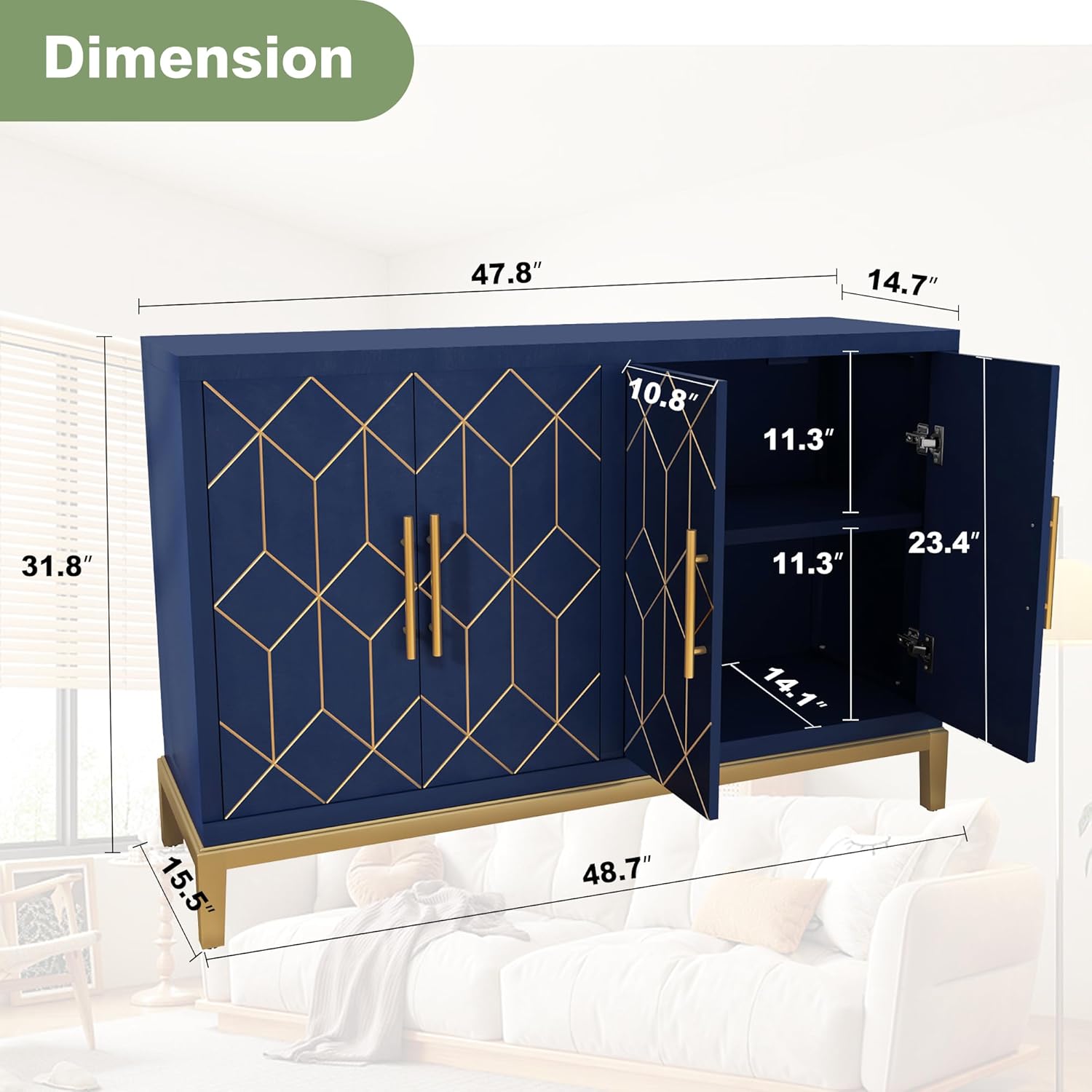 HLR 48' Accent Cabinet with 4 Doors and Shelves, Modern Credenza Storage Cabinet with Gold Trim, Sideboard Buffet for Living Room, Kitchen, Dining Room, Hallway, Blue