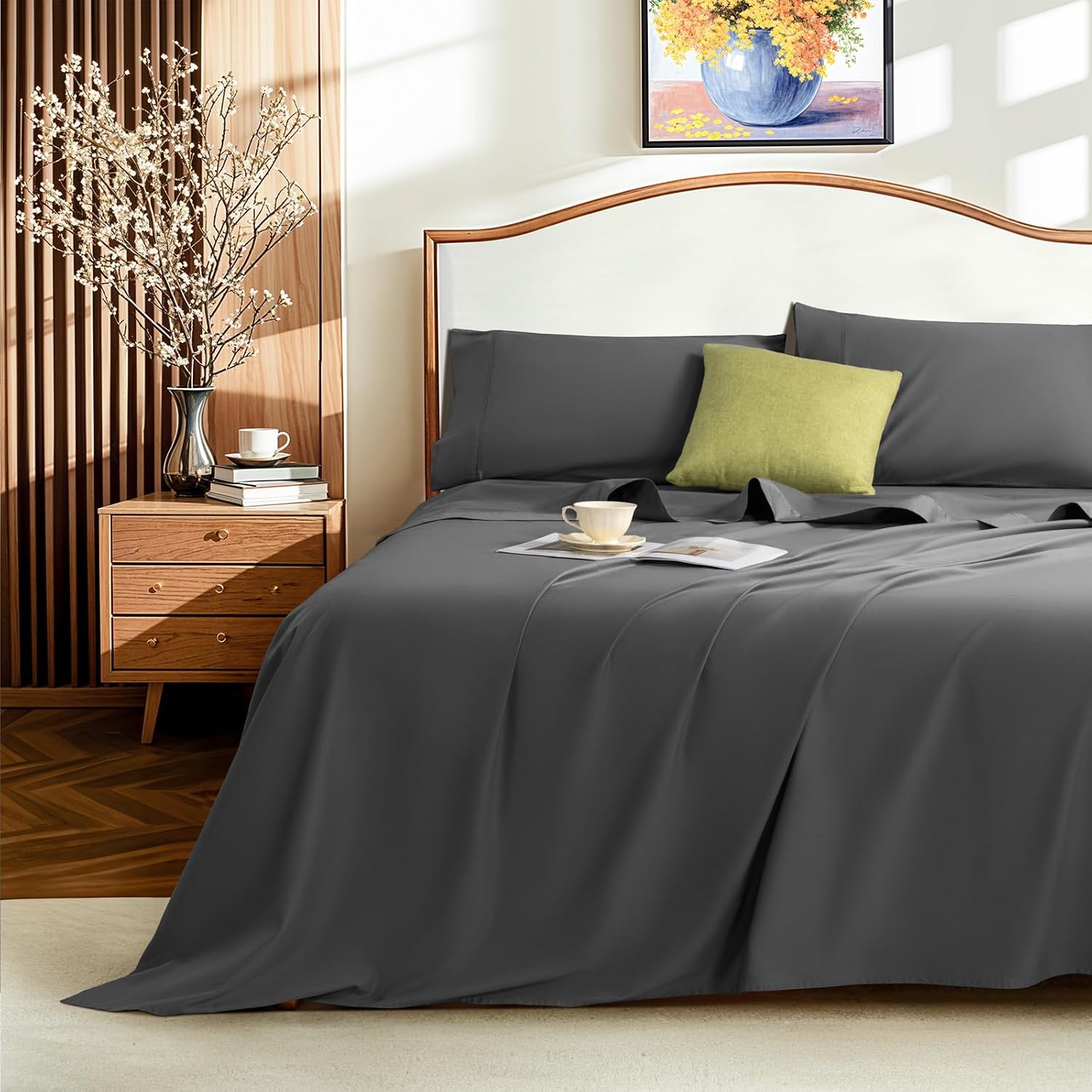 LBRO2M 1500 Thread Count Sheets 100% Egyptian Cotton Sheets Set 16 Inches Deep Pocket King Size Bedding 4 Pcs Sets (King, Dark Gray)