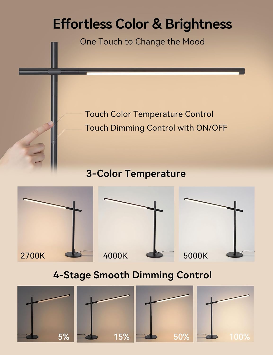 Tubicen Rotatable Desk Lamp 360° Joint Reading Table Lamp Adjustable Arm/Head Work Desk Lighting 3 Color 4- Stage Modern LED Touch Dimmable Angle Desk Task Lamp for Office Bedroom 15W Black