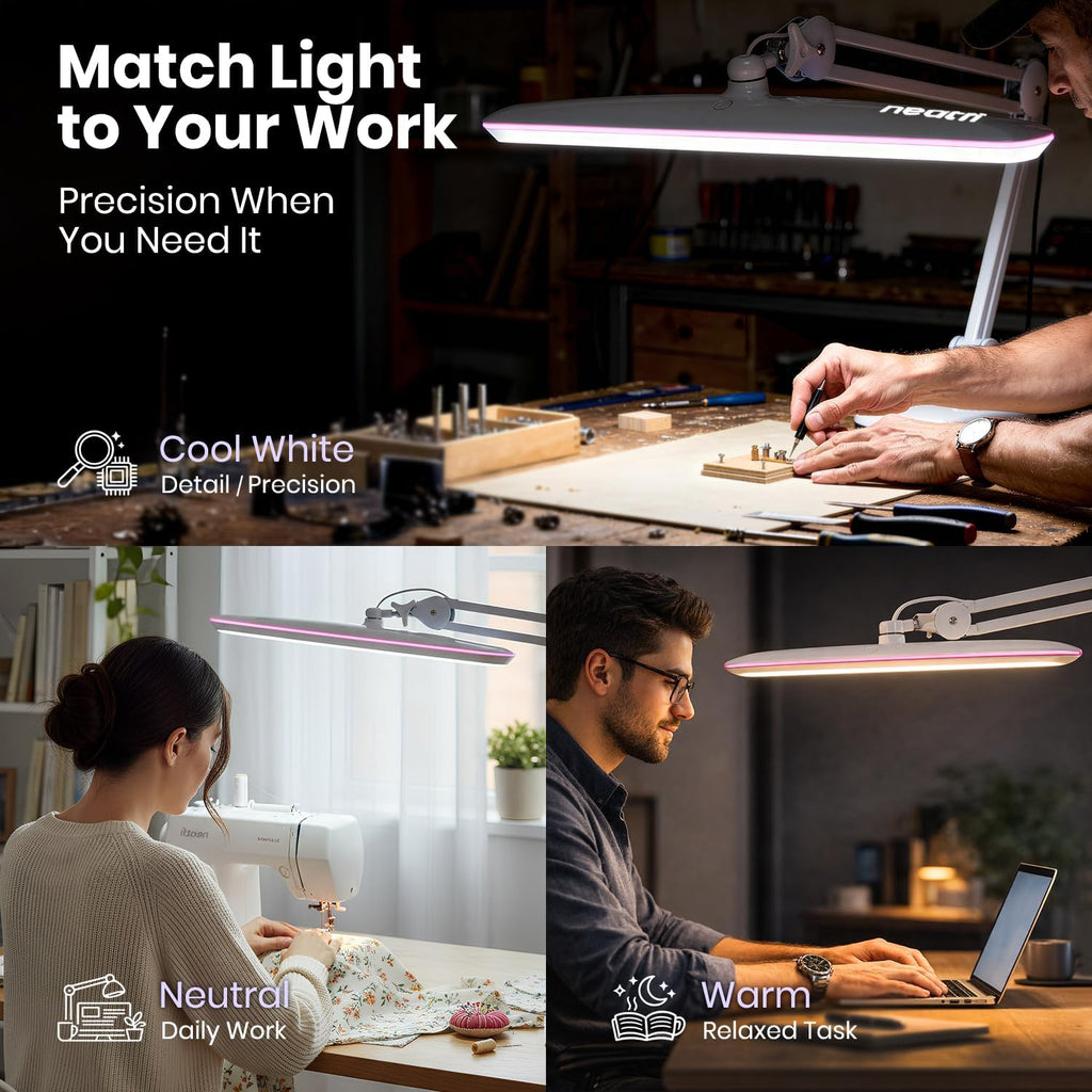Neatfi XL 2,200 Lumens 24W LED Desk Lamp – 23' Wide Shade | Dimmable Eye-Caring Task Light | Adjustable Arm | Home Office, Study, Crafts & Nail Tech (White with Pink Ring, Non-CCT with Clamp)