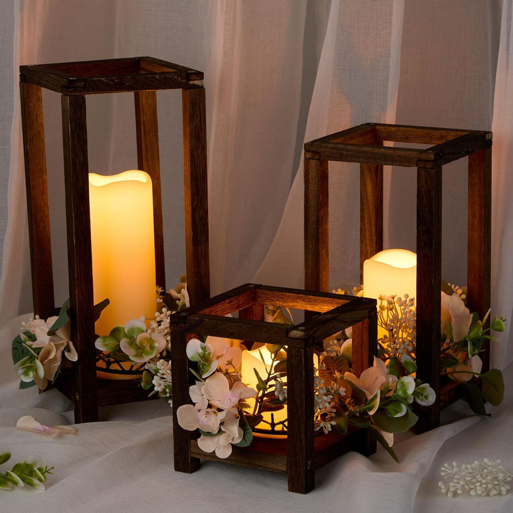 Hushee 15 Set 45 Pcs Wooden Wedding Lantern Centerpiece Wooden Candle Lantern Set Rustic Holder for Wedding Table Decoration Farmhouse for Birthday Party(Brown)