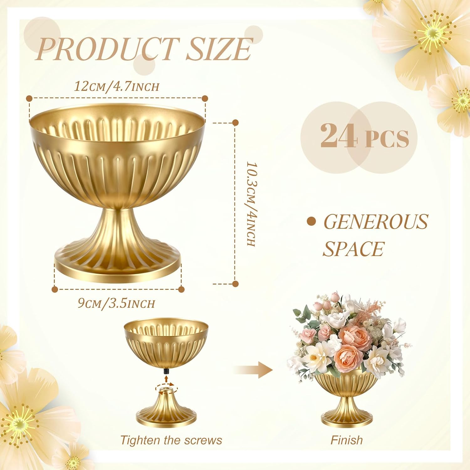 Ziliny 24 Pcs Gold Vases for Centerpieces 4.7' Wide 4' High Metal Compote Vases Bulk Wedding Table Centerpiece Flower Pot Vintage Floral Arrangements for Weddings Anniversaries Party Home Decor