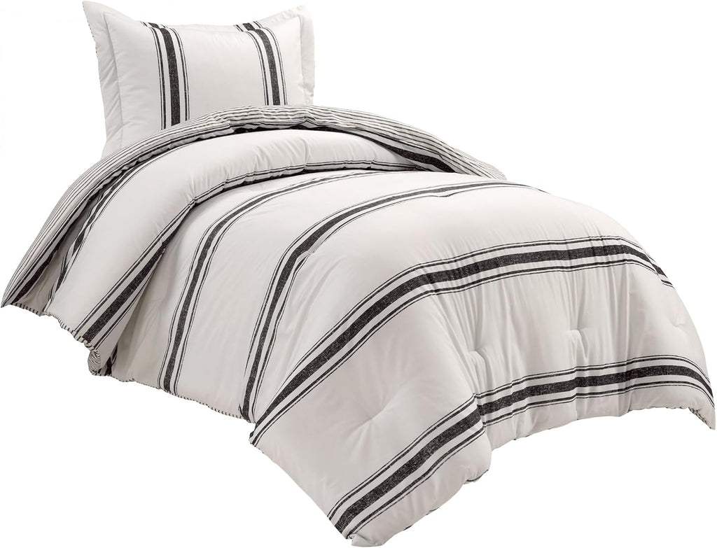 Lush Decor Farmhouse Stripe Reversible Cotton Comforter Set, 2-Piece, Twin XL Black - Twin Bedding Set - Dorm Decor - Striped Comforter for Farmhouse Bedroom Decor