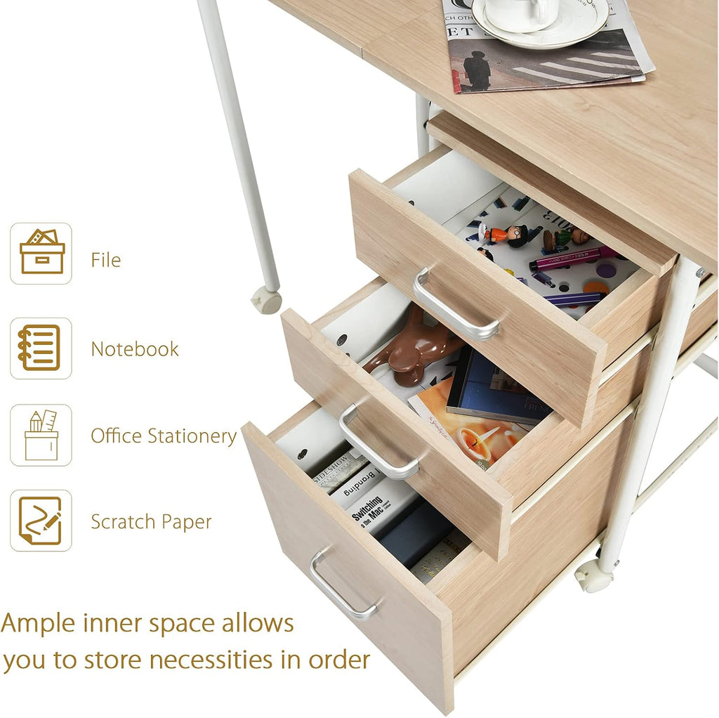 Tangkula Folding Computer Desk with 3 Storage Drawers, Mobile Home Office Desk Study Writing Desk with Smooth Wheels, Space Saving Compact Desk for Dorm Apartment, Rolling Folding Desk Table