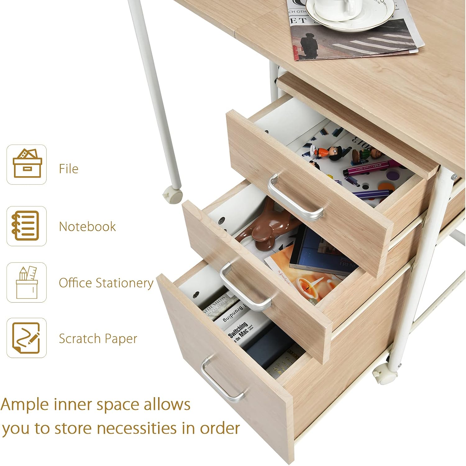 Tangkula Folding Computer Desk with 3 Storage Drawers, Mobile Home Office Desk Study Writing Desk with Smooth Wheels, Space Saving Compact Desk for Dorm Apartment, Rolling Folding Desk Table
