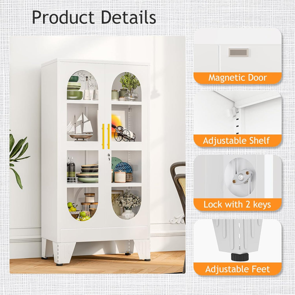 PAOFIN 47' H Locking Display Cabinet with Glass Door, Metal Cabinets with 3 Adjustable Shelves, Cabinet Display Case for Living Room, Collectibles, Clinic, Home - Assembly Required White