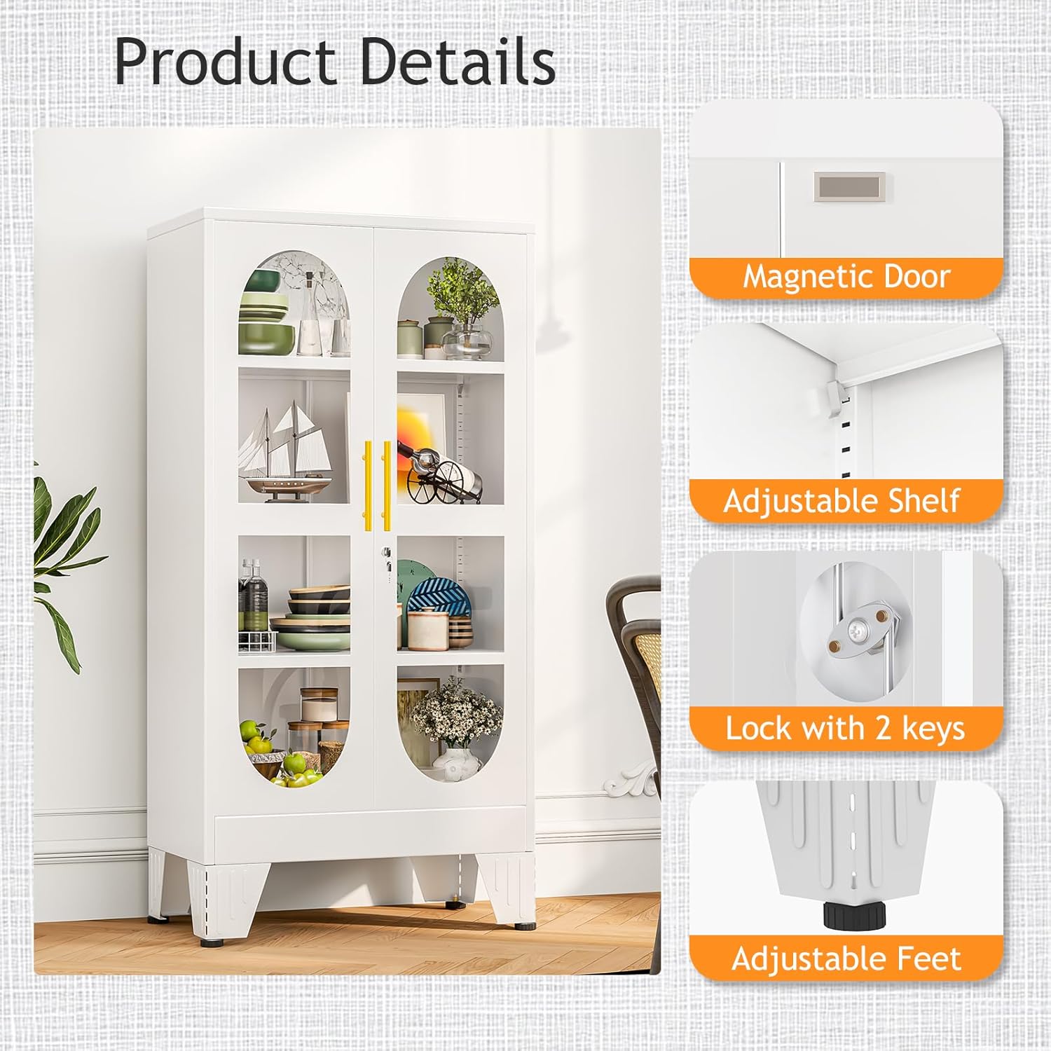 PAOFIN 47' H Locking Display Cabinet with Glass Door, Metal Cabinets with 3 Adjustable Shelves, Cabinet Display Case for Living Room, Collectibles, Clinic, Home - Assembly Required White