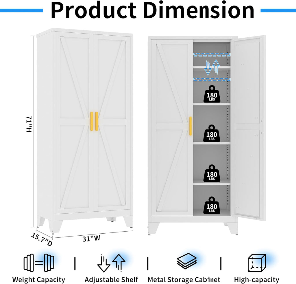 71' Tall Pantry Cabinet, White Metal Kitchen Storage Cabinet with 2 Doors and 4 Adjustable Shelves