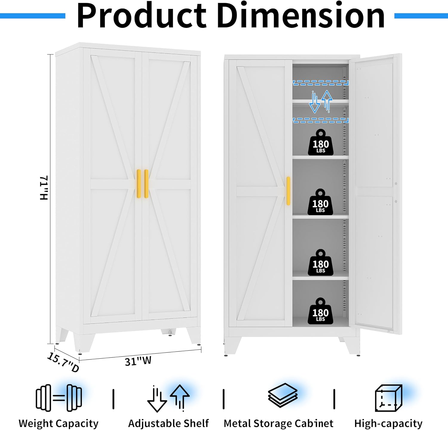 71' Tall Pantry Cabinet, White Metal Kitchen Storage Cabinet with 2 Doors and 4 Adjustable Shelves