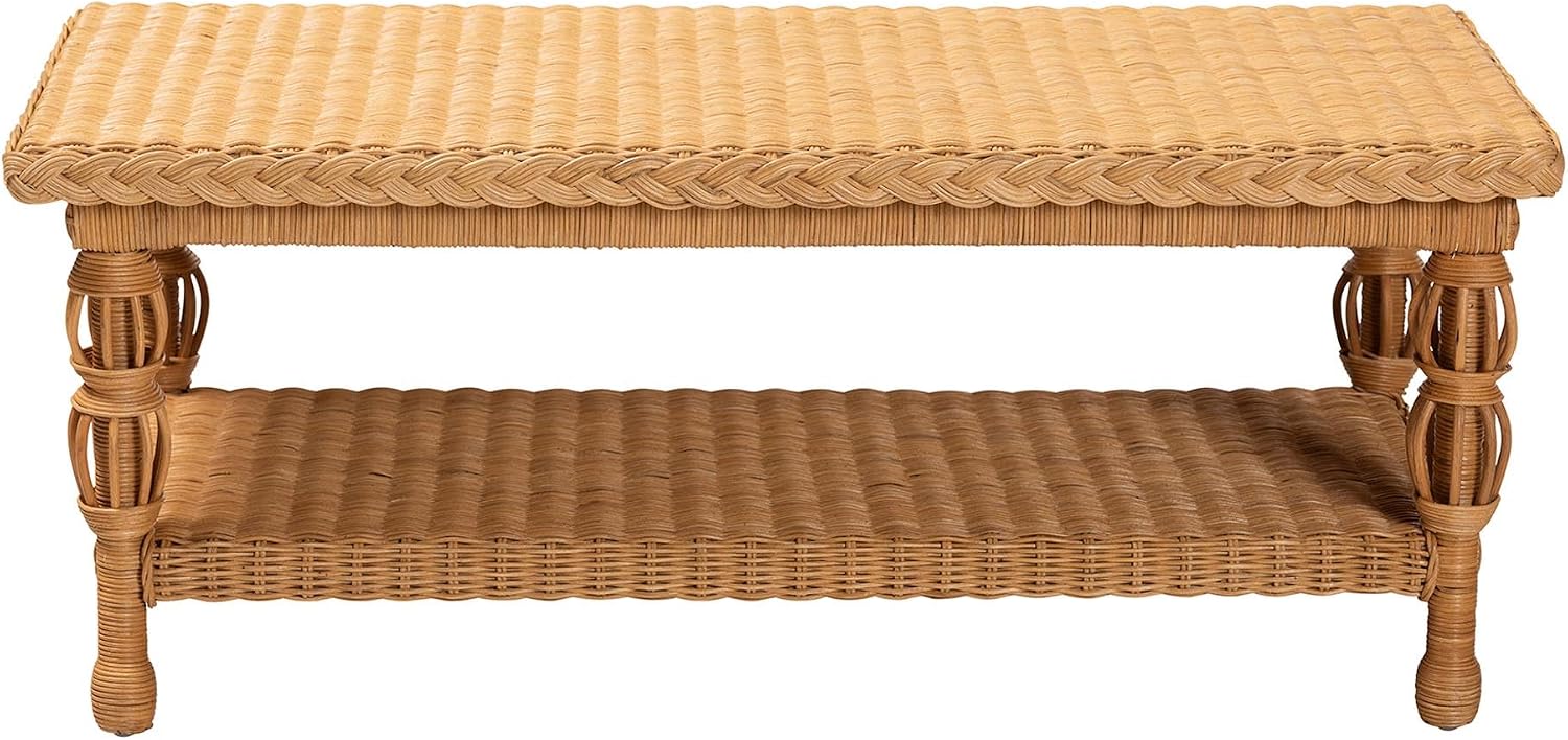 Bali & pari Dolby Natural Rattan Coffee Table - Handwoven Wicker Accent Table with Lower Shelf, Coastal Boho Style Living Room Centerpiece
