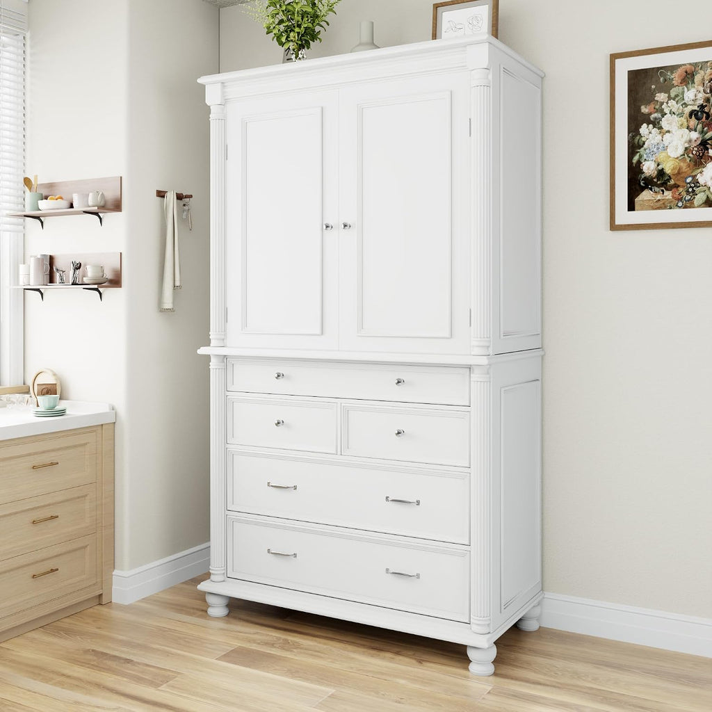 77.3 inch Tall Kitchen Pantry Cabinet with 6 Door Shelves and 2 Adjustable Shelves, Wooden Storage Cabinet Cupboard with 6 Drawers for Kitchen, Dining (White-83)