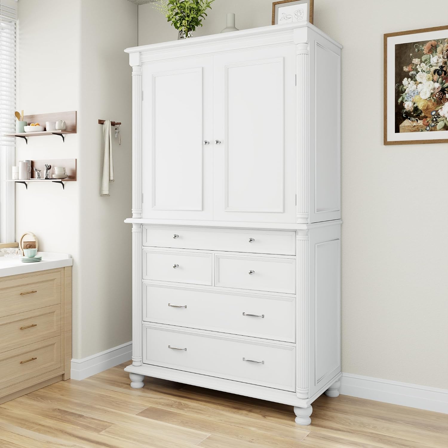 77.3 inch Tall Kitchen Pantry Cabinet with 6 Door Shelves and 2 Adjustable Shelves, Wooden Storage Cabinet Cupboard with 6 Drawers for Kitchen, Dining (White-83)