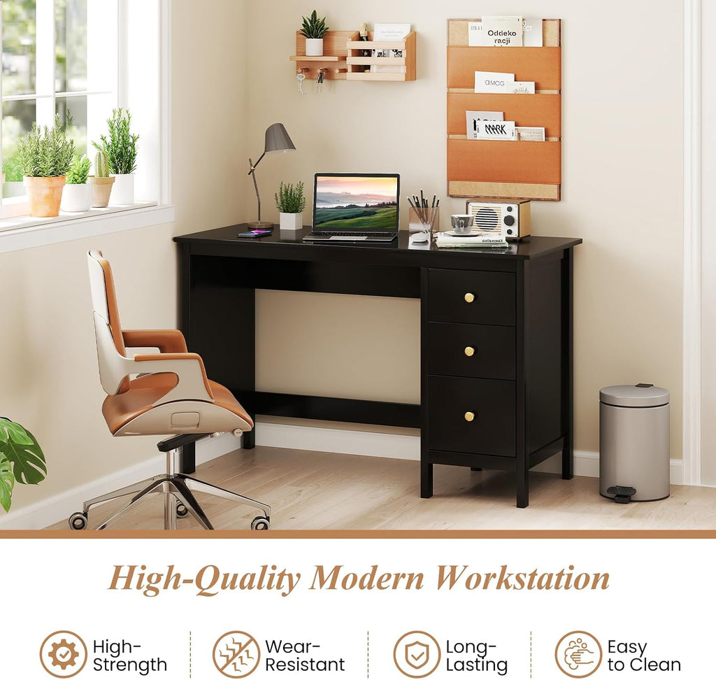 Giantex Black Desk with Drawers, 48 Inch Home Office Desk with Anti-Toppling Device, Multifunctional Computer Workstation, Wood Study Writing Desk for Small Spaces, Bedroom