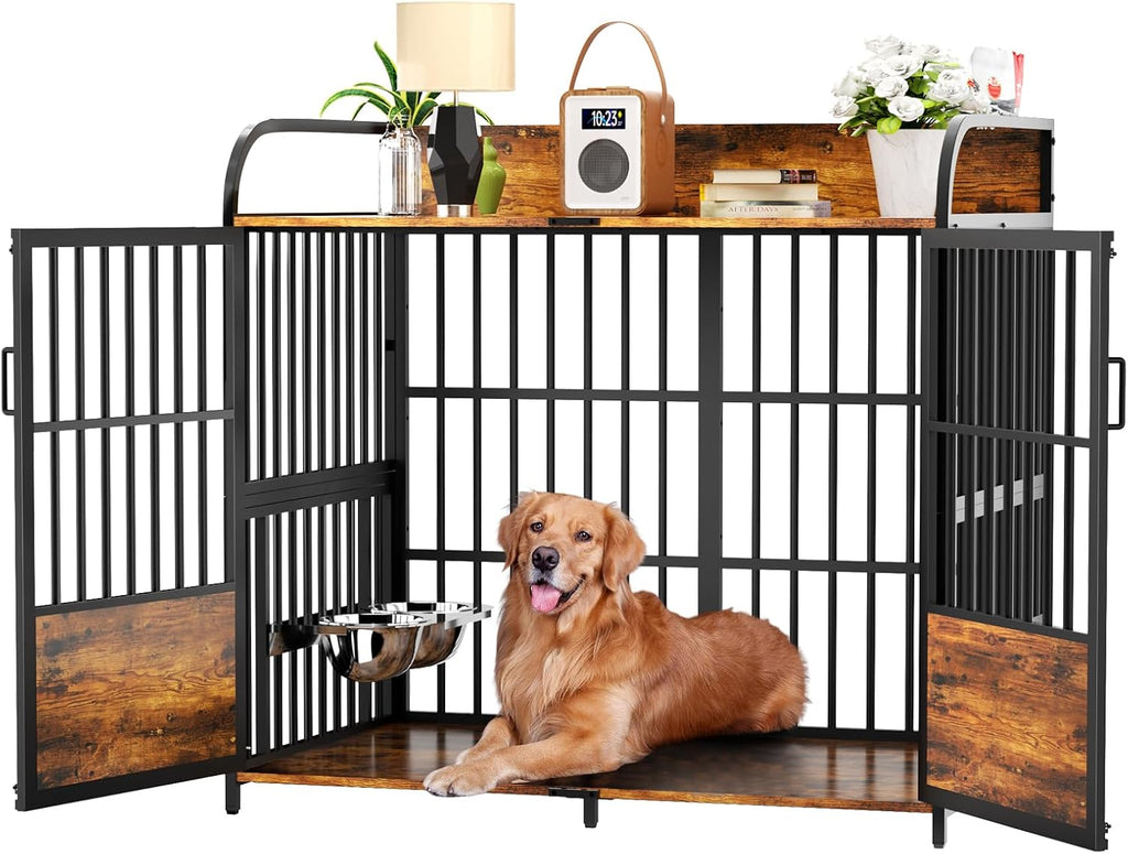 BEURUKU XL Dog Crate Furniture, Large Dog Kennel Indoor with 2 Adjustable Bowls, Heavy Duty Dog Crate for Large Dogs 48 Inch, Wooden Dog Cage Brown, 48' L X 30' W X 45' H