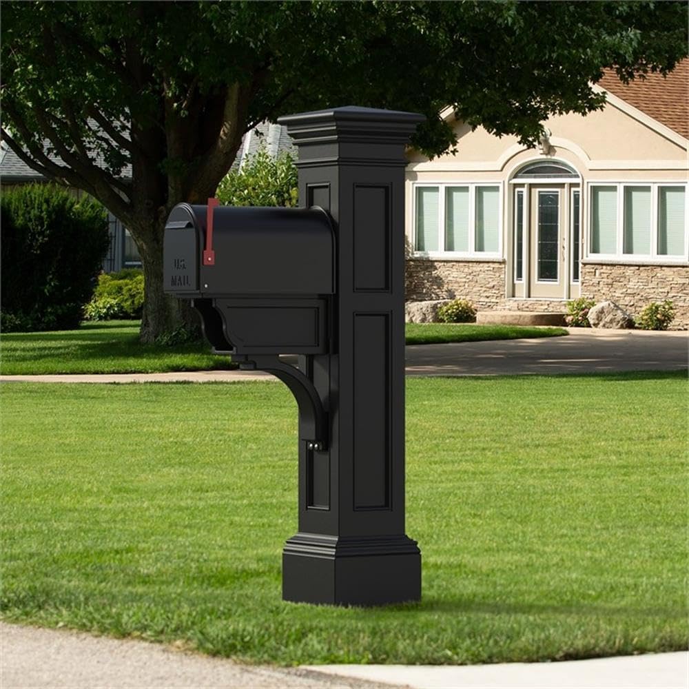 Pemberly Row Weatherproof Plastic Mail Post, 64 in x 14 in x 31 in, Black Finish, UV-Resistant Polyethylene Resin, Durable Traditional Design, Decorative Sleeve with Paper Holder, Mailbox Support