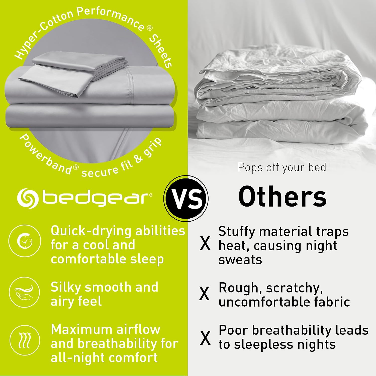 Bedgear Hyper-Cotton Bed Sheet Set – Breathable Cooling Quick-Drying Soft Bedding – Fitted Sheet Flat Sheet Pillowcases – 60% Rayon from Bamboo, 40% Cotton Blend Sheets, California King, Light Grey