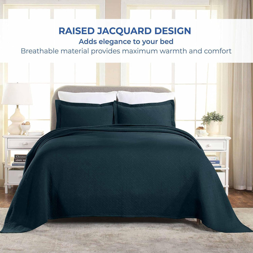 Superior 3 Piece Basketweave Cotton Bedspread Set, Home Bed Decor, Decorative Bed Spread, 2 Pillow Shams, Medium Weight Blanket, Matelasse Coverlet Bedding, Geometric Lattice Pattern, Queen, Deep Sea