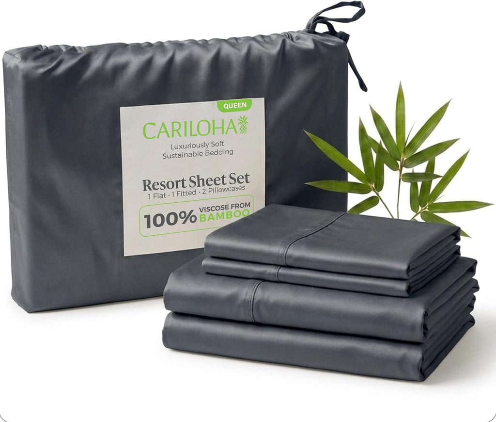 Cariloha Resort 100% Organic Bamboo Viscose Sheets - 4-Piece Queen Sheet Set - 18 in Extra Deep Pockets - Sateen Weave, Cooling, Hypoallergenic Luxury Sheets - Oeko-TEX Standard 100 - Blue Lagoon