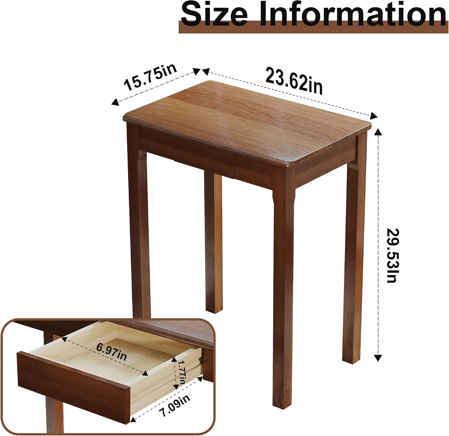 Solid Wood Desk with Drawers - 23.6' Narrow Desks for Small Spaces, Mid Century Modern Desks, Small Wooden Vintage Computer Writing Desk, Study Table for Home Office Bedroom, Walnut