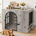 32' Dog Crate Furniture, Heavy Duty Wooden Chewproof Dog Kennel with Adjustable Bowls & Escape-Proof Lock, Decorative Pet Cage Dog House for Small Medium Dogs, Grey