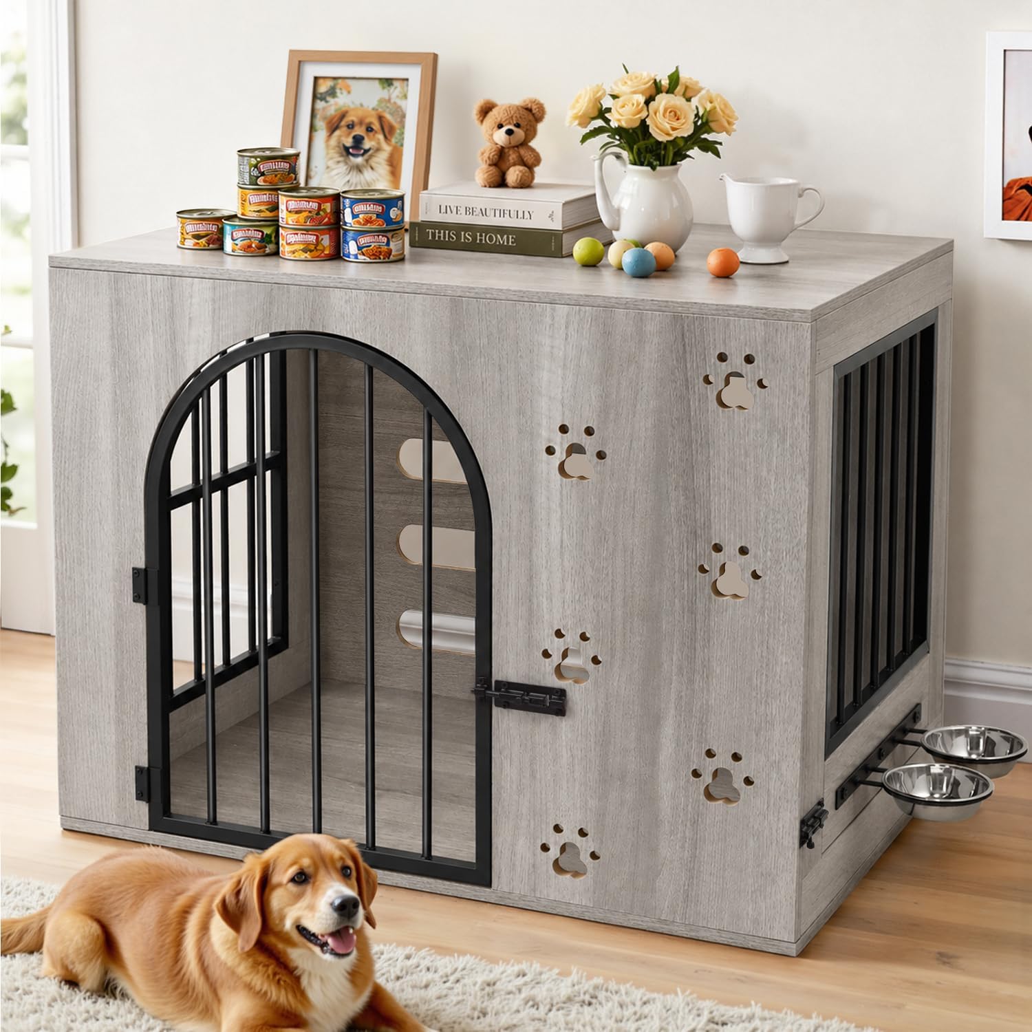 32' Dog Crate Furniture, Heavy Duty Wooden Chewproof Dog Kennel with Adjustable Bowls & Escape-Proof Lock, Decorative Pet Cage Dog House for Small Medium Dogs, Grey