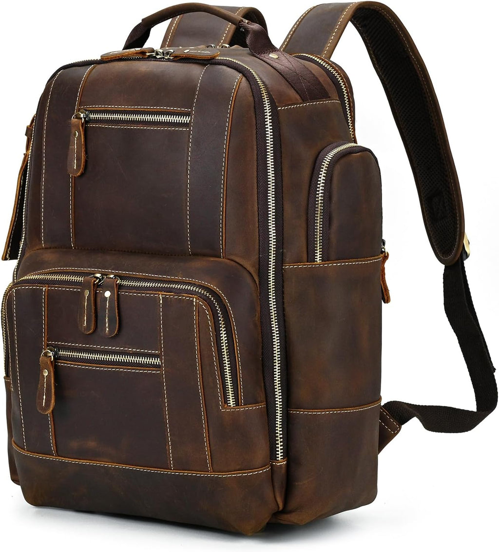 Vintage Full Grain Leather Backpack for Men, 16' Laptop Rucksack For Men Hiking Trave Work Business Bag, 9517 Brown