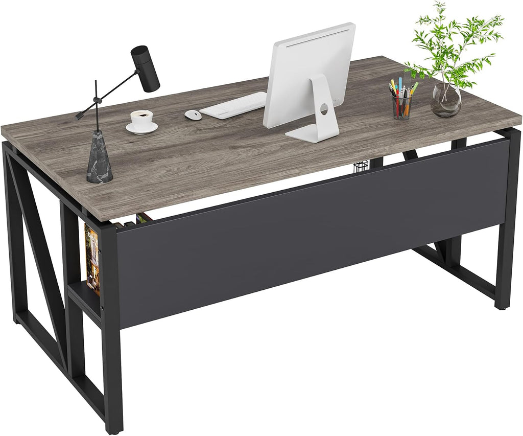 Tribesigns 55 inches Computer Desk with Bottom Storage Shelf Home Office Desk Writing Table for Workstation,Dark Walnut + Steel Leg， Cabinet not Included (Dark Oak, 55-inch -with Shelf)