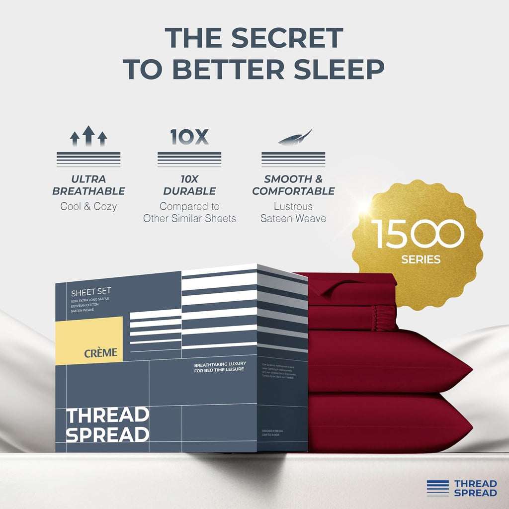 THREAD SPREAD 100% Egyptian Cotton King Size Sheets Set - Luxury 1500 Series Egyptian Cotton Sheets King Size (4 PC, Burgundy), Silky Soft, Sateen Weave, Cooling & Breathable, 17' Deep Pocket Bed Set