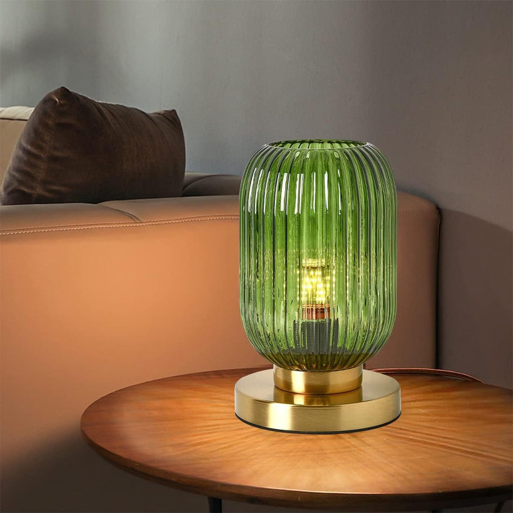 Glass Table Lamp of 2 Mid Century Table Lamps Modern Globe Table lamp Vintage Gold Desk Lamp Nightstand Lamp with Green Ribbed Design Shade for Bedside Bedroom Living Room Offic