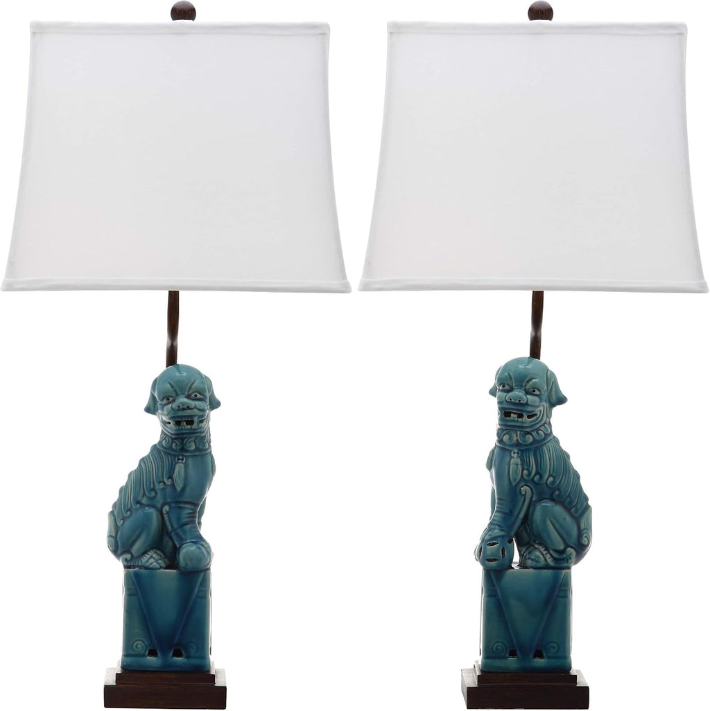 SAFAVIEH Lighting - Foo Dog 28.5' Blue Ceramic Table Lamp Set of 2 with White Shades, Traditional Chinoiserie Lighting for Bedroom, Living Room & Home Office, LED Bulbs Included (LIT4137A-SET2)