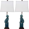SAFAVIEH Lighting - Foo Dog 28.5' Blue Ceramic Table Lamp Set of 2 with White Shades, Traditional Chinoiserie Lighting for Bedroom, Living Room & Home Office, LED Bulbs Included (LIT4137A-SET2)