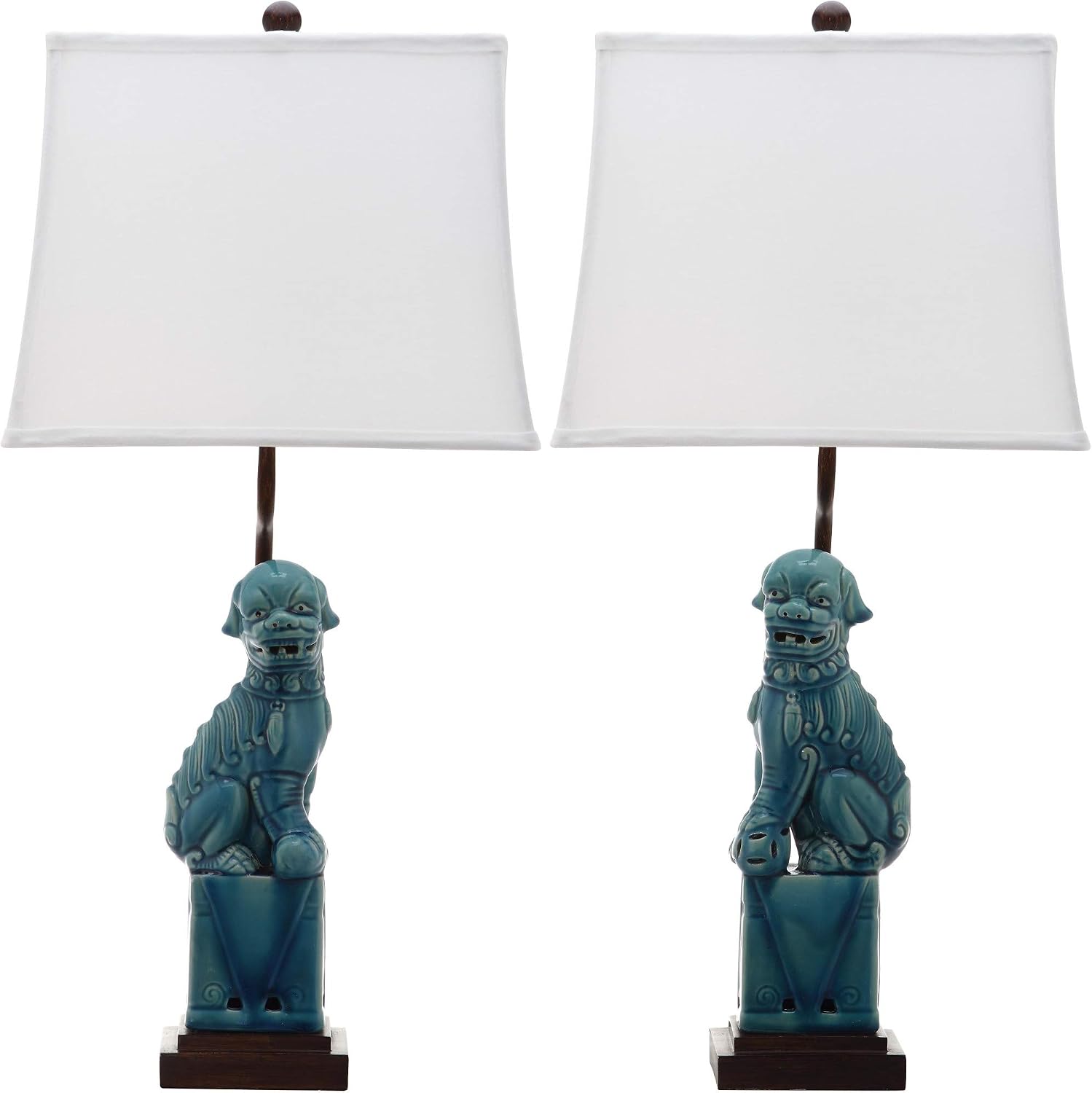 SAFAVIEH Lighting - Foo Dog 28.5' Blue Ceramic Table Lamp Set of 2 with White Shades, Traditional Chinoiserie Lighting for Bedroom, Living Room & Home Office, LED Bulbs Included (LIT4137A-SET2)