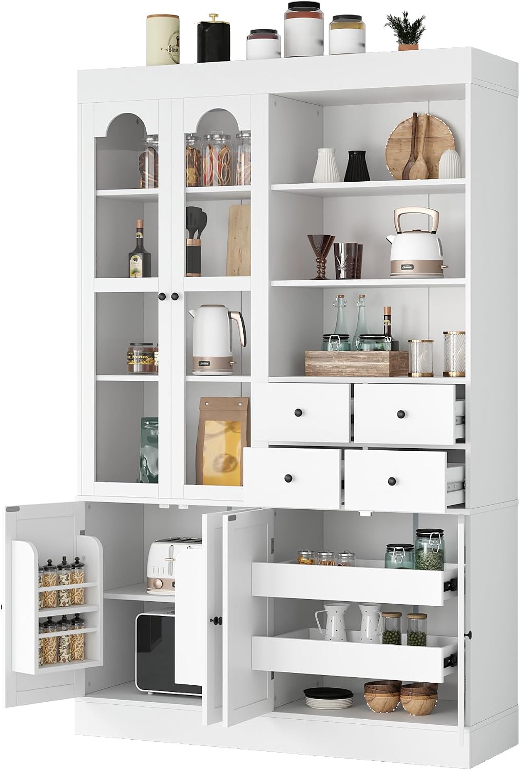 Modern 75inch Tall Kitchen Pantry Storage Cabinet with 4 Drawers, Freestanding Buffet Cabinet with Door Shelves and Pull-Out Trays for Dining Room, Living Room (White/32r)